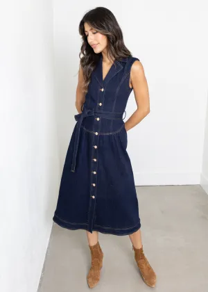 Adelyn Rae Gloria Belted Denim Shirt Midi Dress- Navy