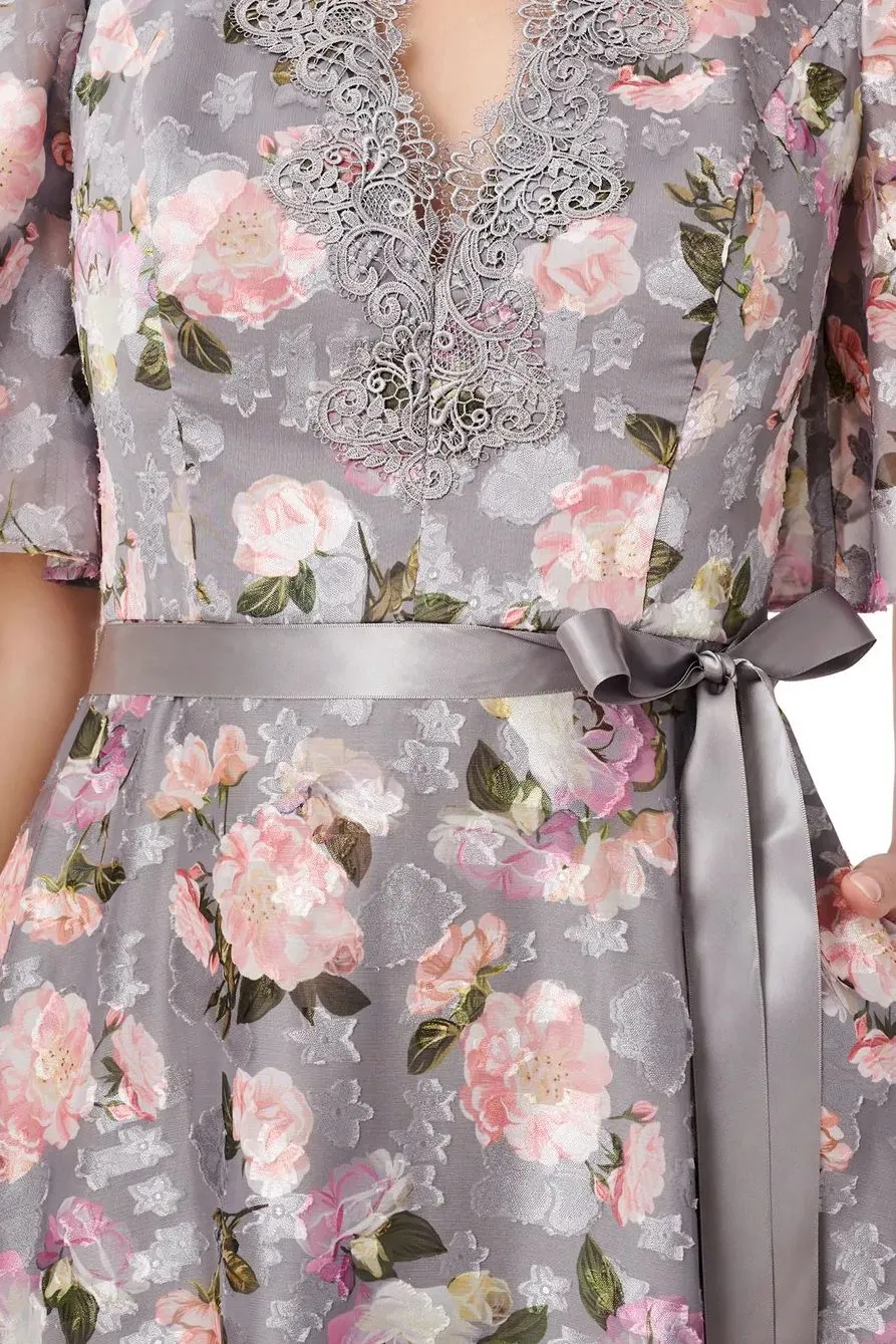 Aidan Mattox V- Neck Flutter Short Sleeves Satin Waist Tie Belt Back Zipper Floral Long Dress