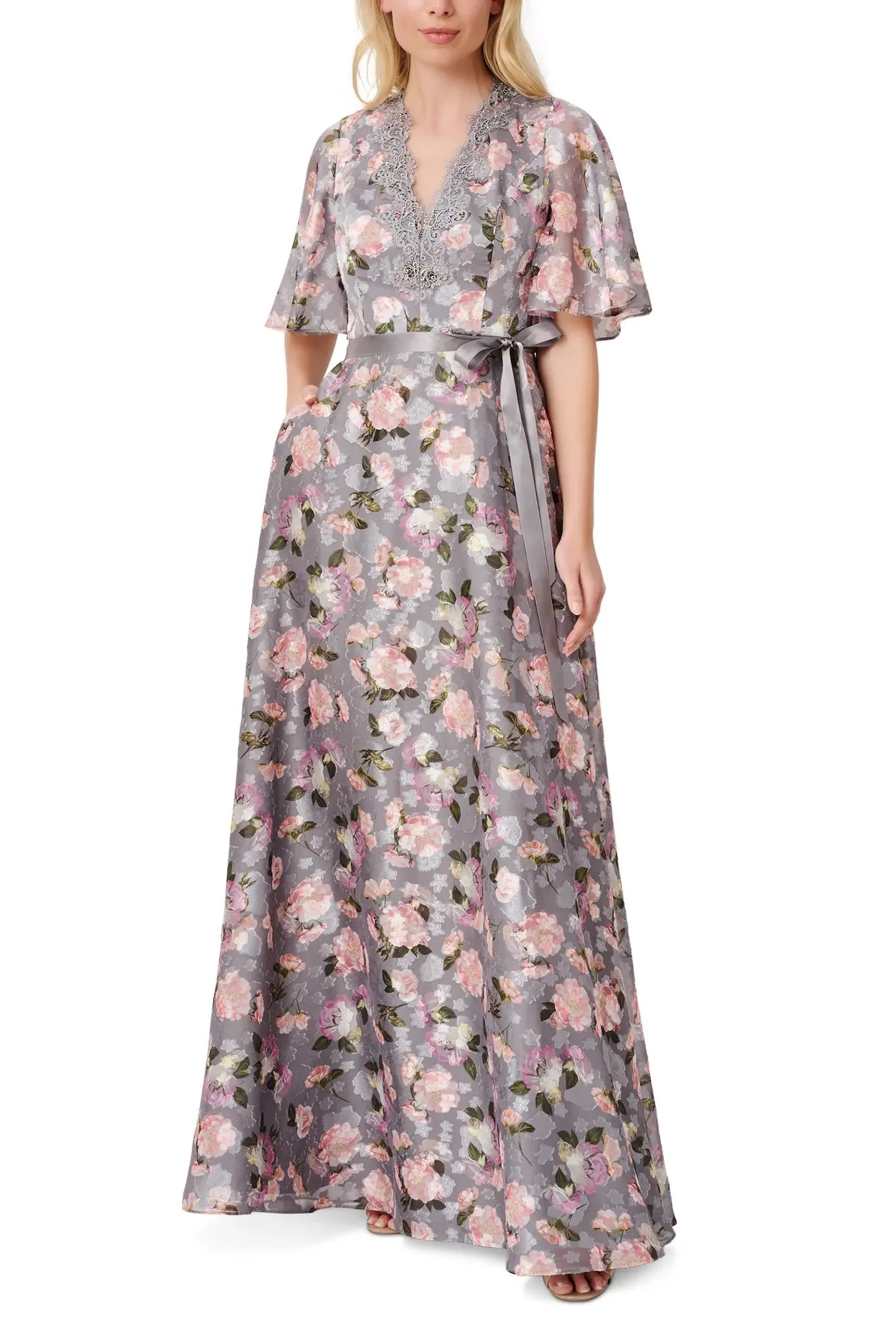 Aidan Mattox V- Neck Flutter Short Sleeves Satin Waist Tie Belt Back Zipper Floral Long Dress