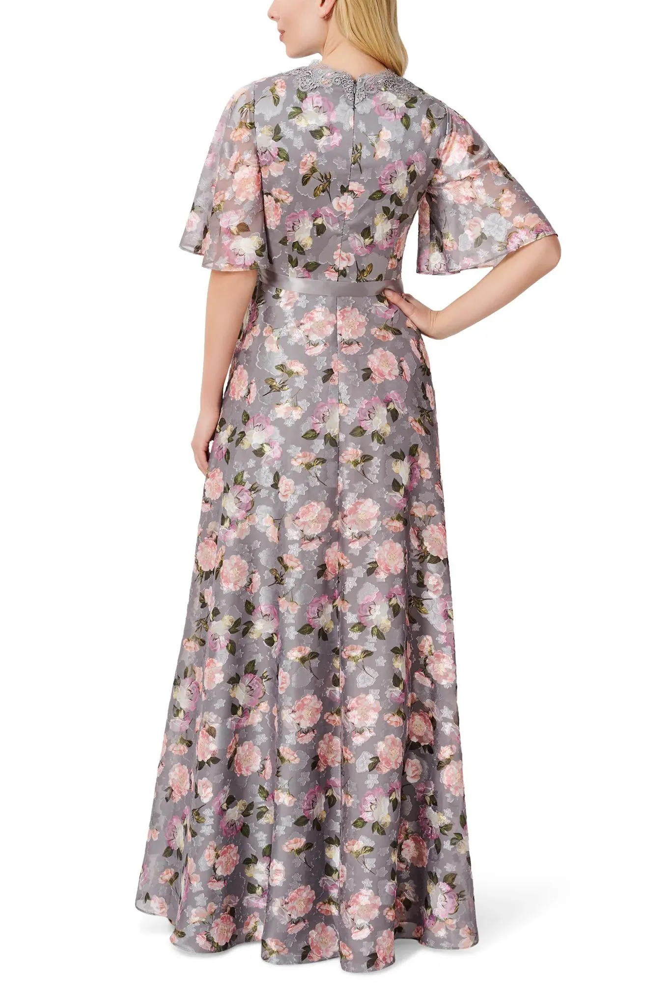 Aidan Mattox V- Neck Flutter Short Sleeves Satin Waist Tie Belt Back Zipper Floral Long Dress