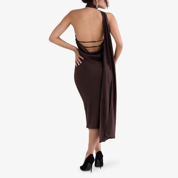 Angelina satin midi dress with House Of Cb wrap, color chocolate