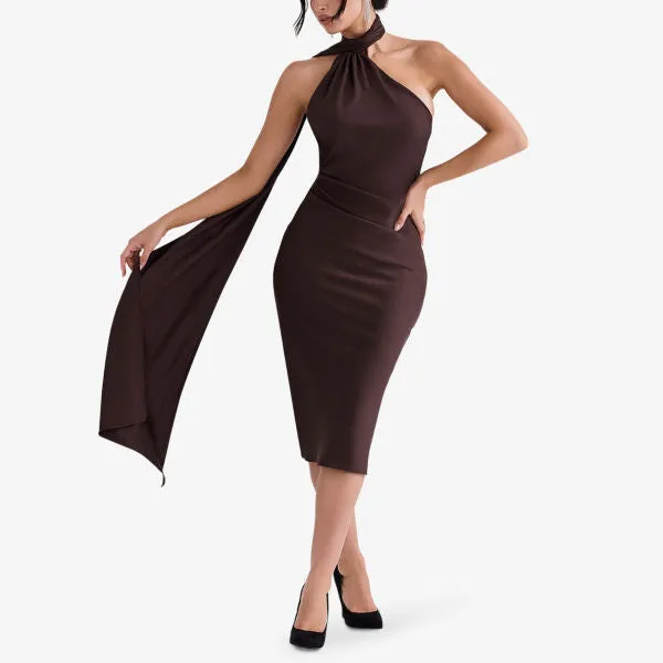 Angelina satin midi dress with House Of Cb wrap, color chocolate