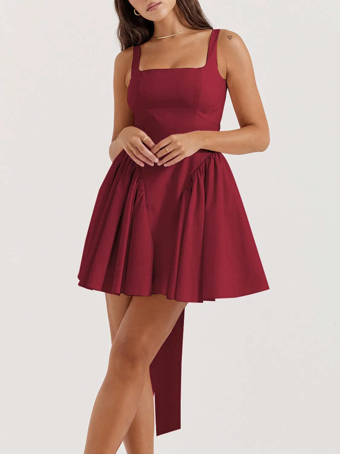 Backless Bow Detail Square Neck Mini Dress New Women's Fashion Suspender Ruffle Skirt Short dress Open Back