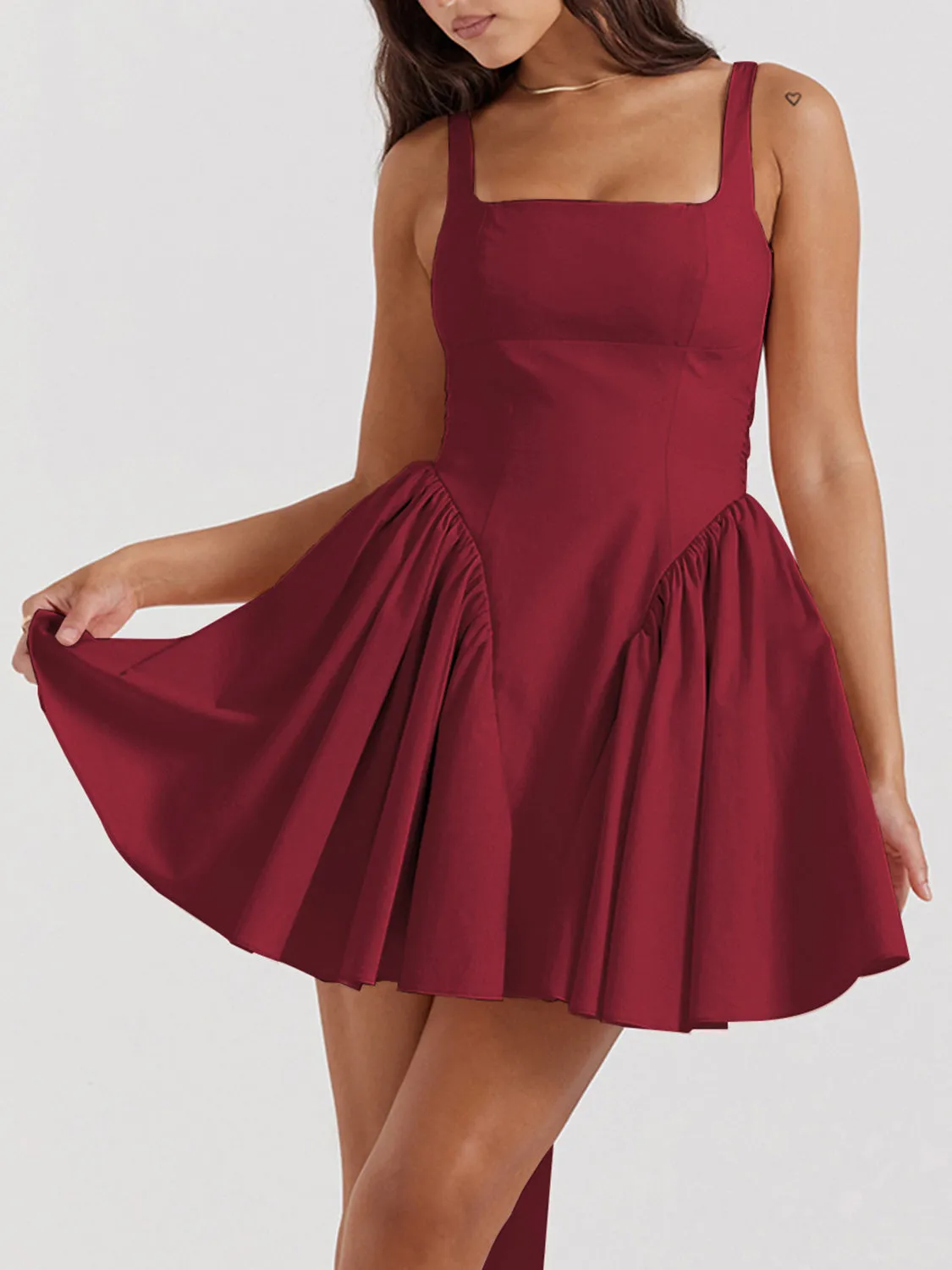 Backless Bow Detail Square Neck Mini Dress New Women's Fashion Suspender Ruffle Skirt Short dress Open Back