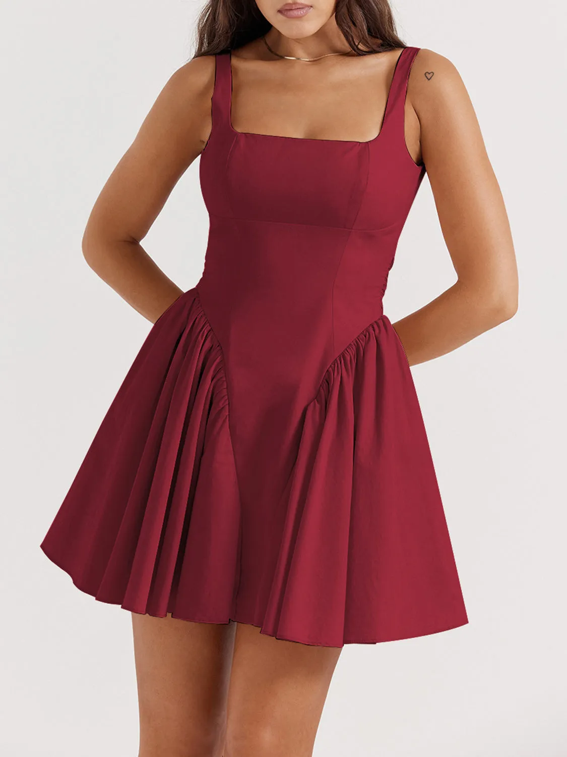 Backless Bow Detail Square Neck Mini Dress New Women's Fashion Suspender Ruffle Skirt Short dress Open Back
