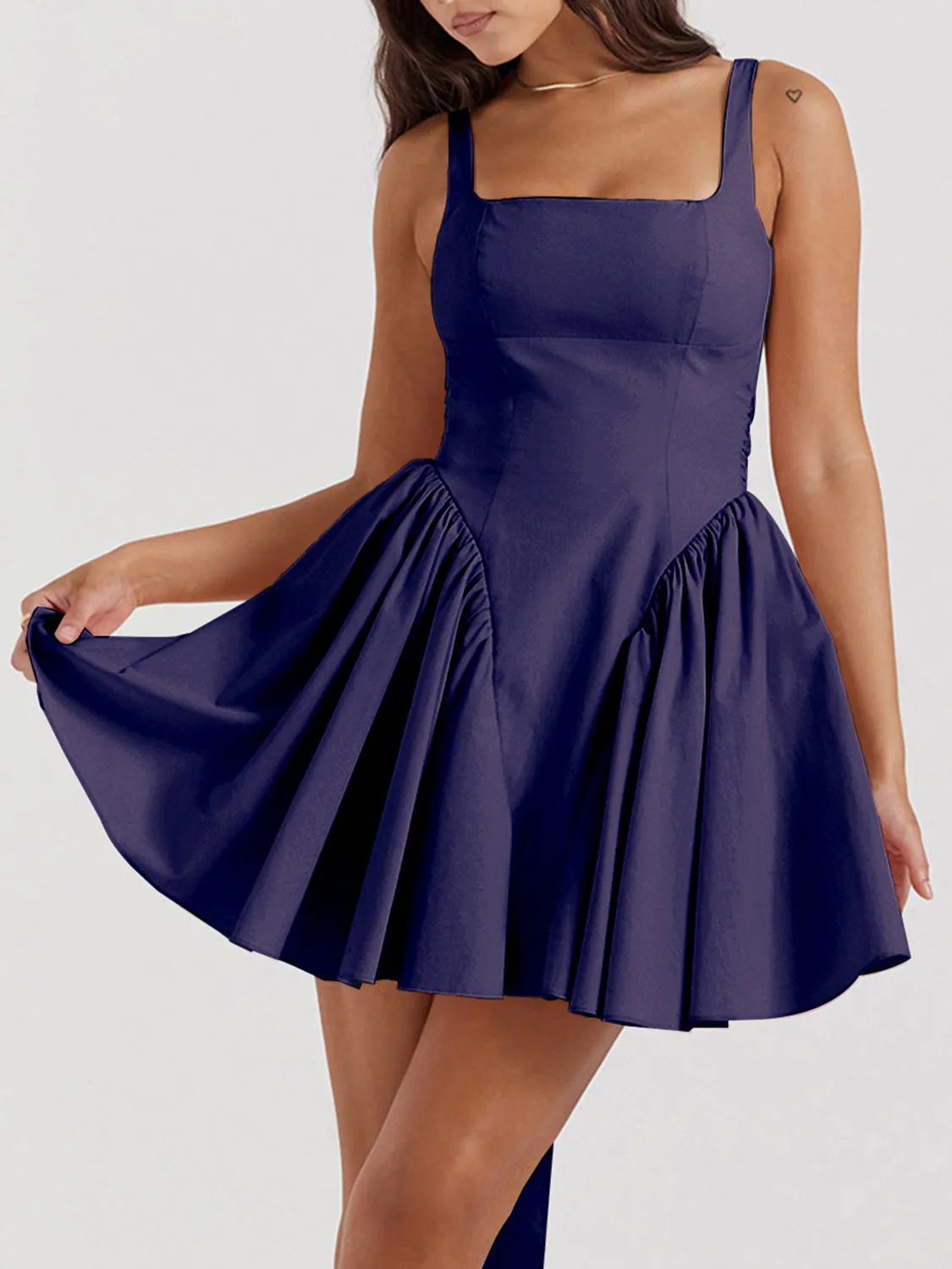 Backless Bow Detail Square Neck Mini Dress New Women's Fashion Suspender Ruffle Skirt Short dress Open Back