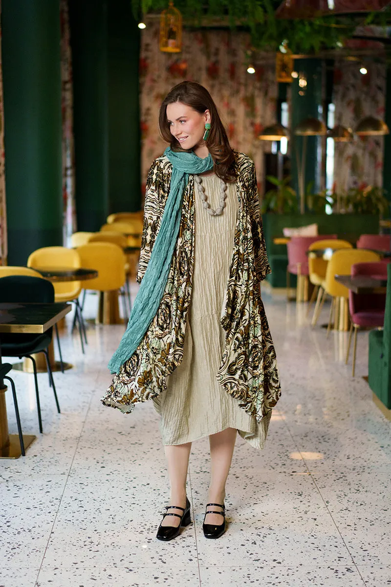 Balloon Crinkled Laurel Green Silk Linen Dress