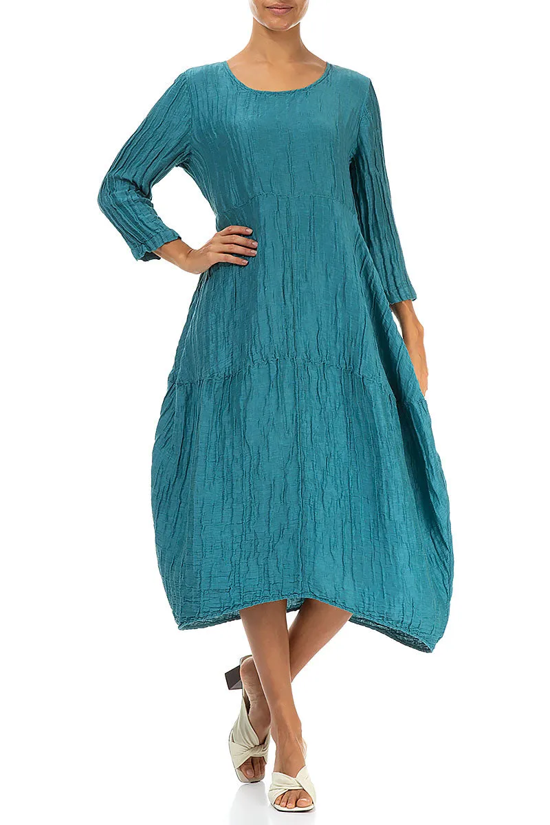 Balloon Crinkled Turquoise Silk Linen Dress