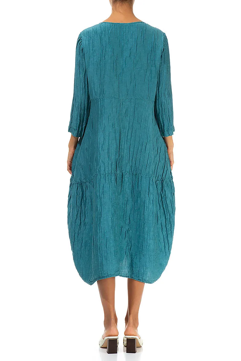 Balloon Crinkled Turquoise Silk Linen Dress