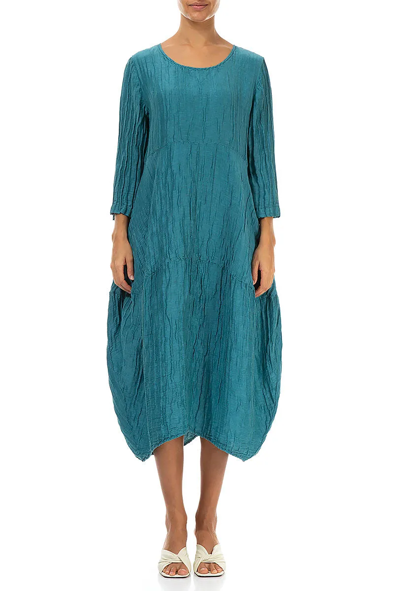 Balloon Crinkled Turquoise Silk Linen Dress