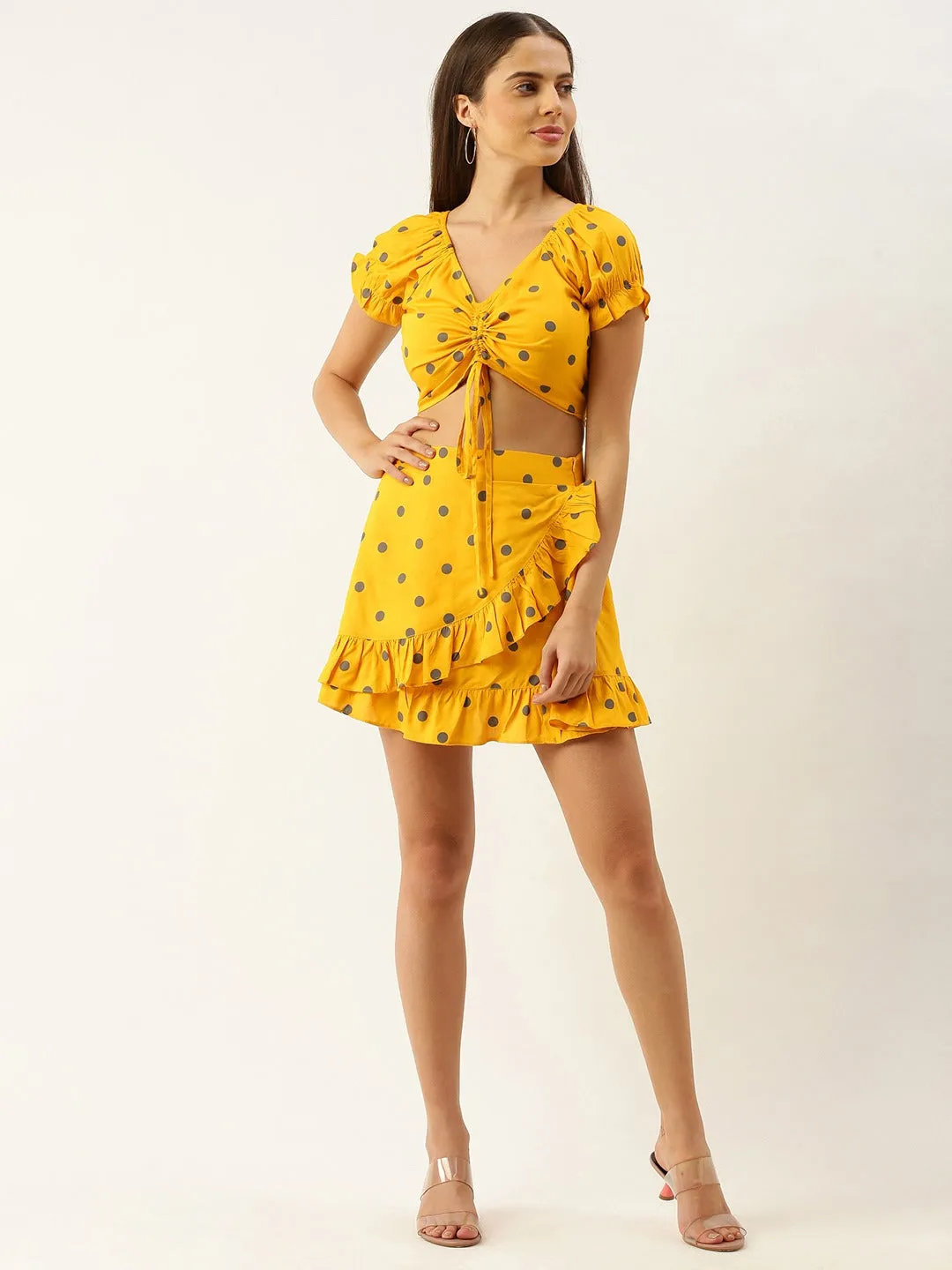 Berrylush Women Yellow Polka Dot Printed V-Neck Fit & Flare Co-Ordinate Mini Dress