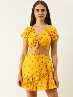 Berrylush Women Yellow Polka Dot Printed V-Neck Fit & Flare Co-Ordinate Mini Dress