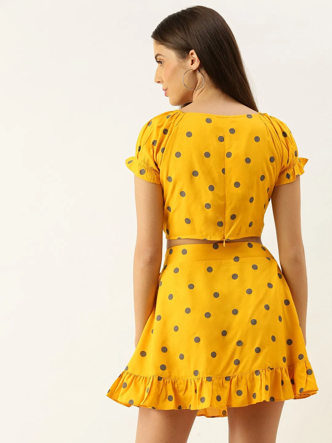 Berrylush Women Yellow Polka Dot Printed V-Neck Fit & Flare Co-Ordinate Mini Dress