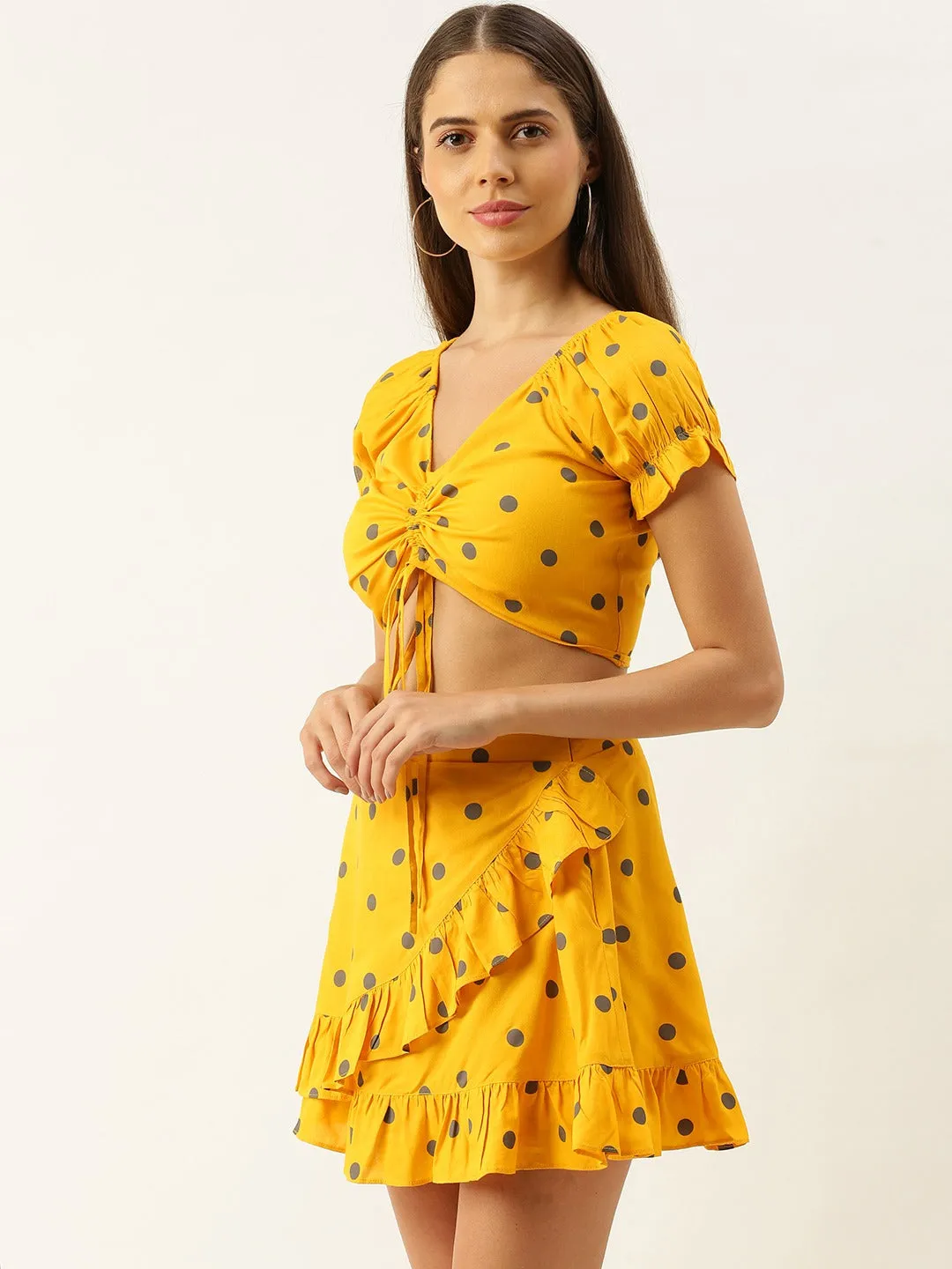 Berrylush Women Yellow Polka Dot Printed V-Neck Fit & Flare Co-Ordinate Mini Dress