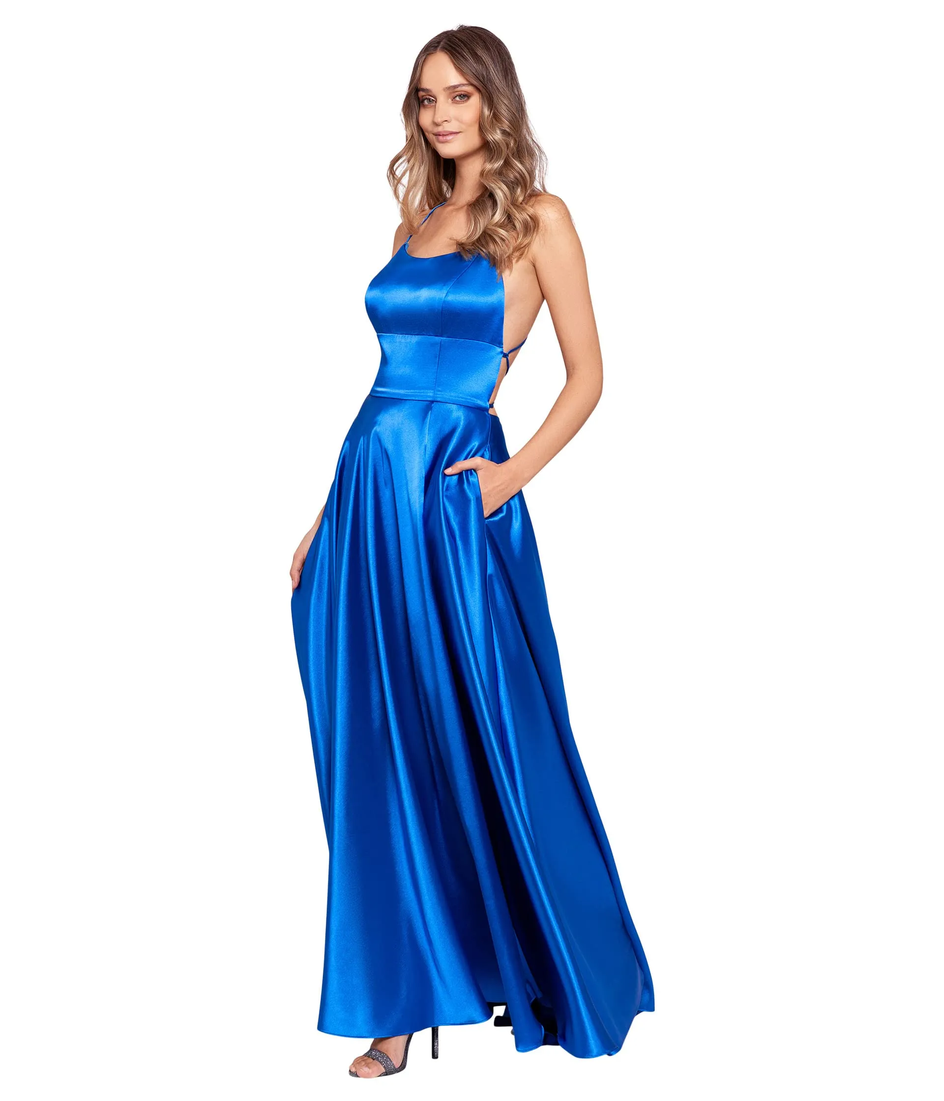 Betsy & Adam Dress, Satin Open Back Gown w/ Wrap Skirt
