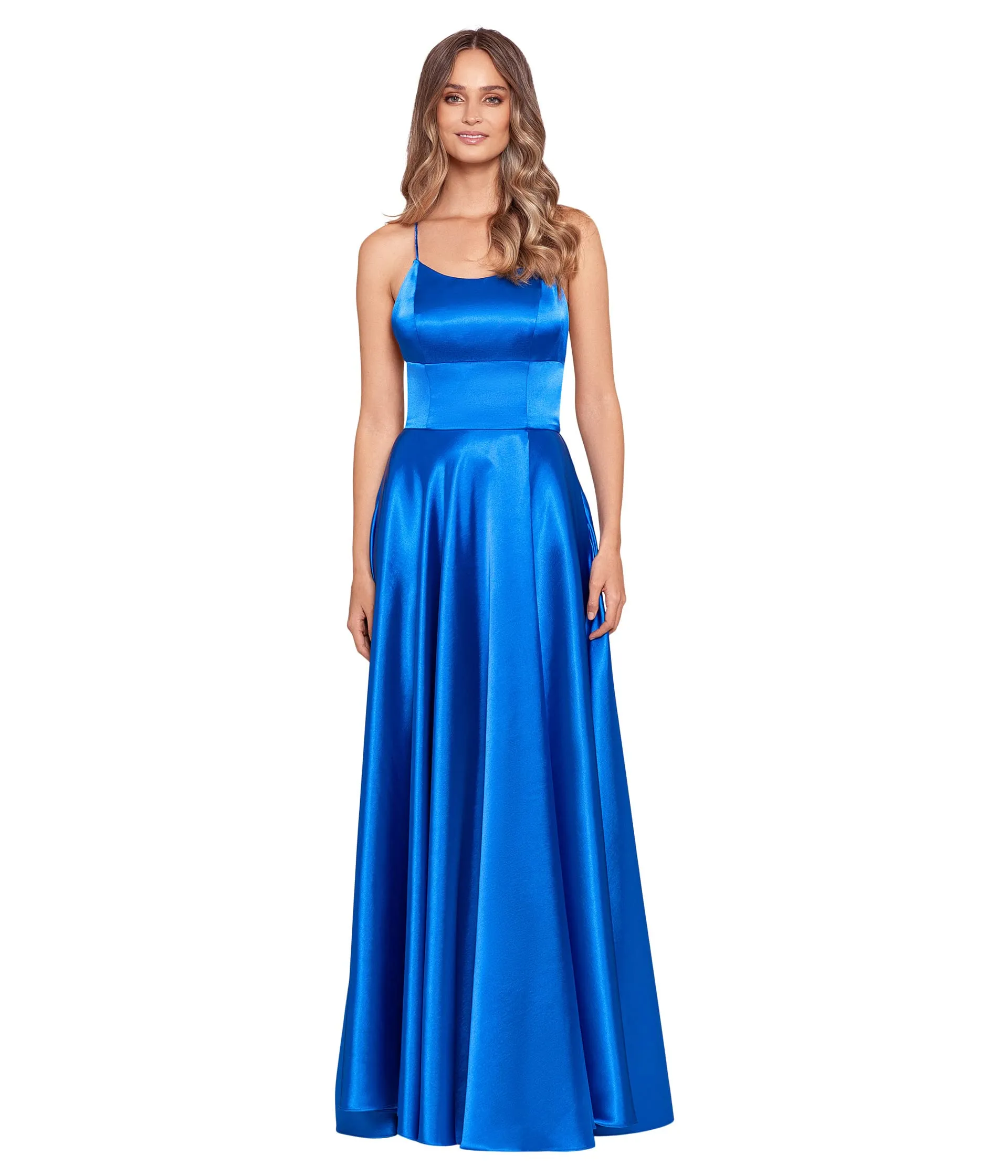 Betsy & Adam Dress, Satin Open Back Gown w/ Wrap Skirt