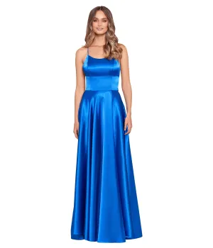 Betsy & Adam Dress, Satin Open Back Gown w/ Wrap Skirt