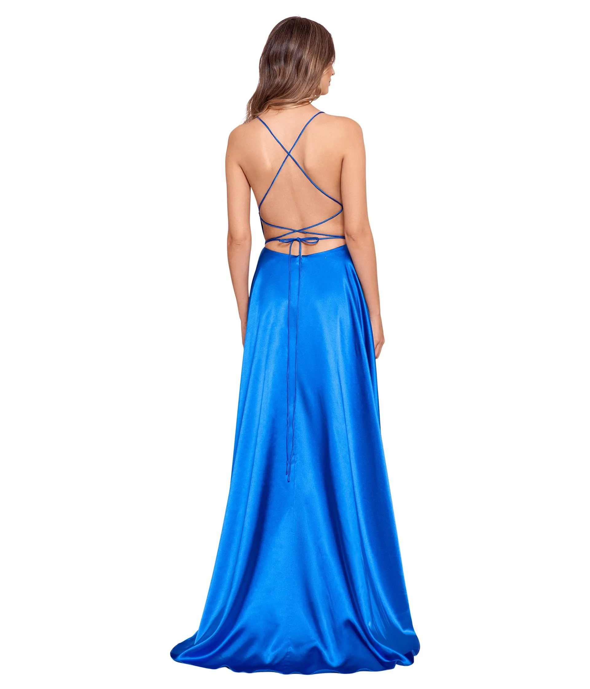 Betsy & Adam Dress, Satin Open Back Gown w/ Wrap Skirt