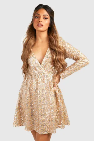 Boohoo Boutique Sequin Wrap Party Dress Gold