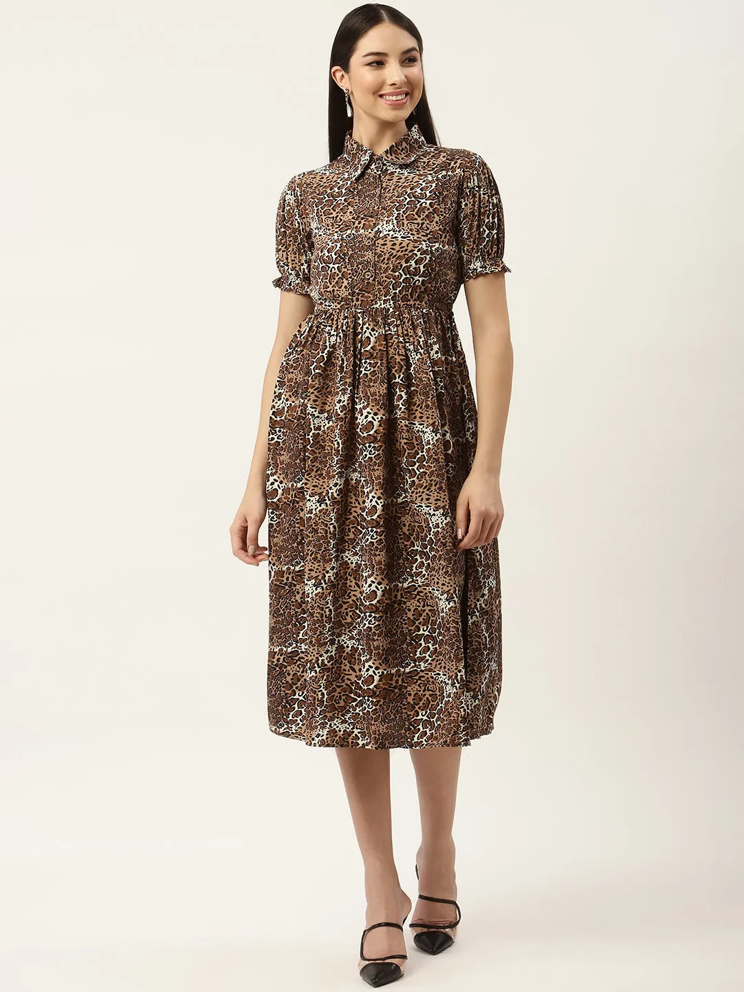 Brown & White Animal Crepe Midi Dress