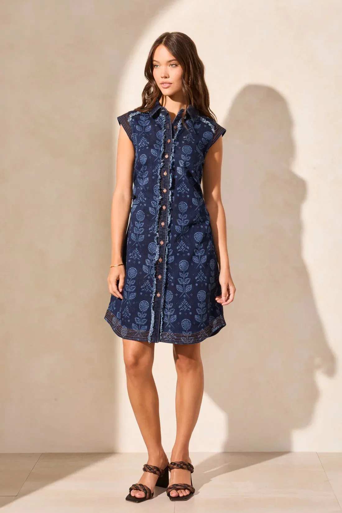 Cap Sleeve Button-Front Printed Denim Dress