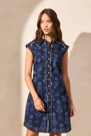 Cap Sleeve Button-Front Printed Denim Dress