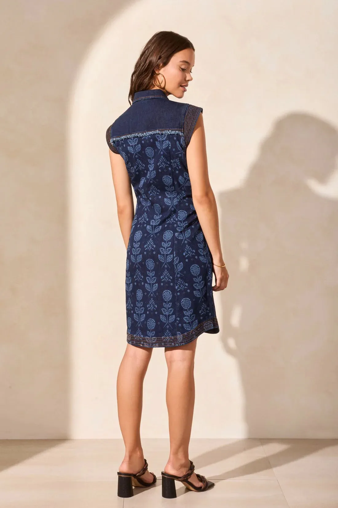 Cap Sleeve Button-Front Printed Denim Dress