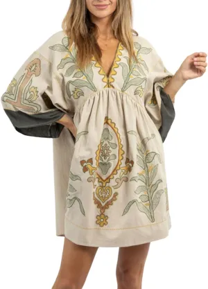 CHARTOU Women's Boho Linen Short Dress Baggy Bat-Sleeve Babydoll Mini Dress Floral V Neck Beach Sun Dresses