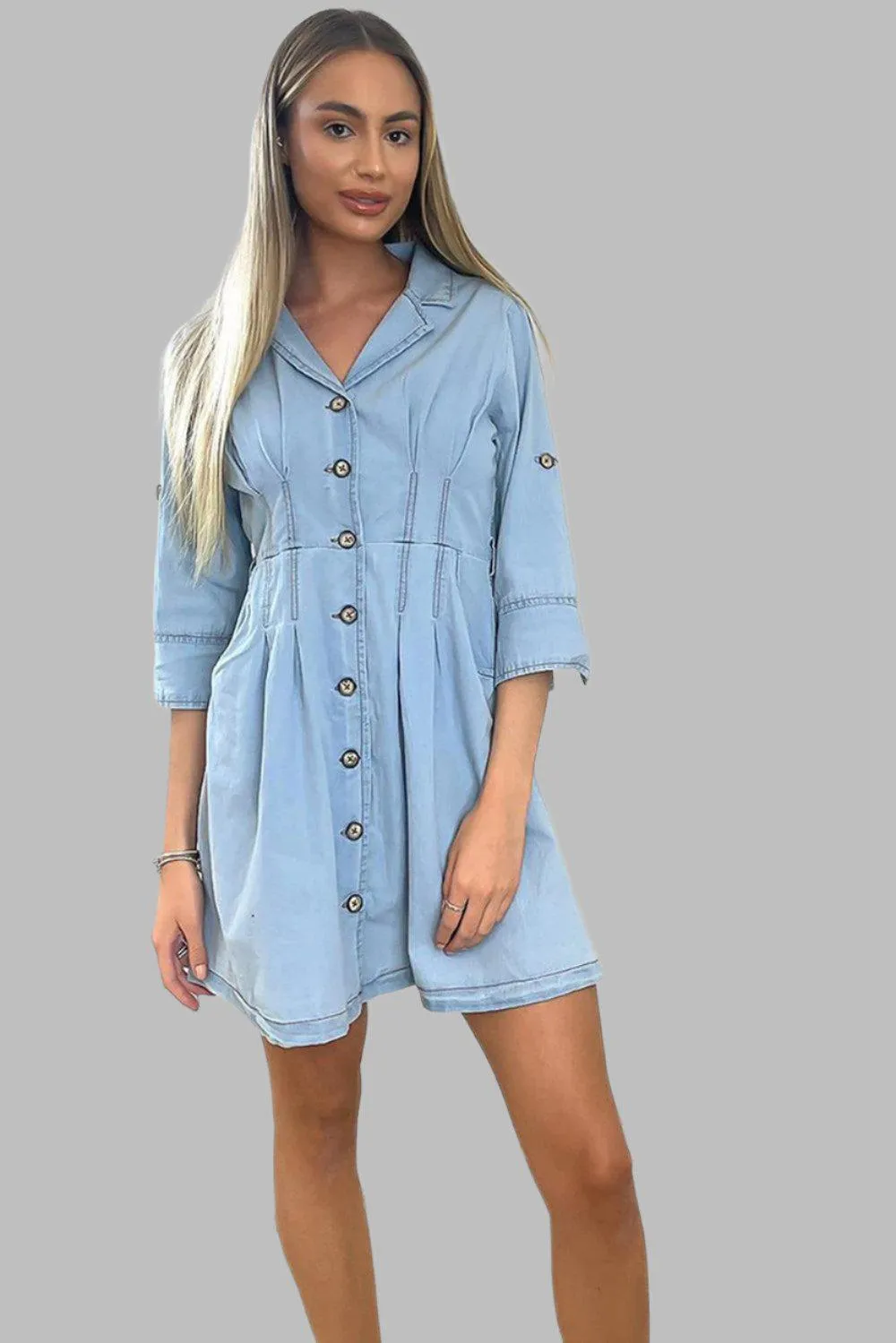 Cinched Waist Denim Shirt Dress