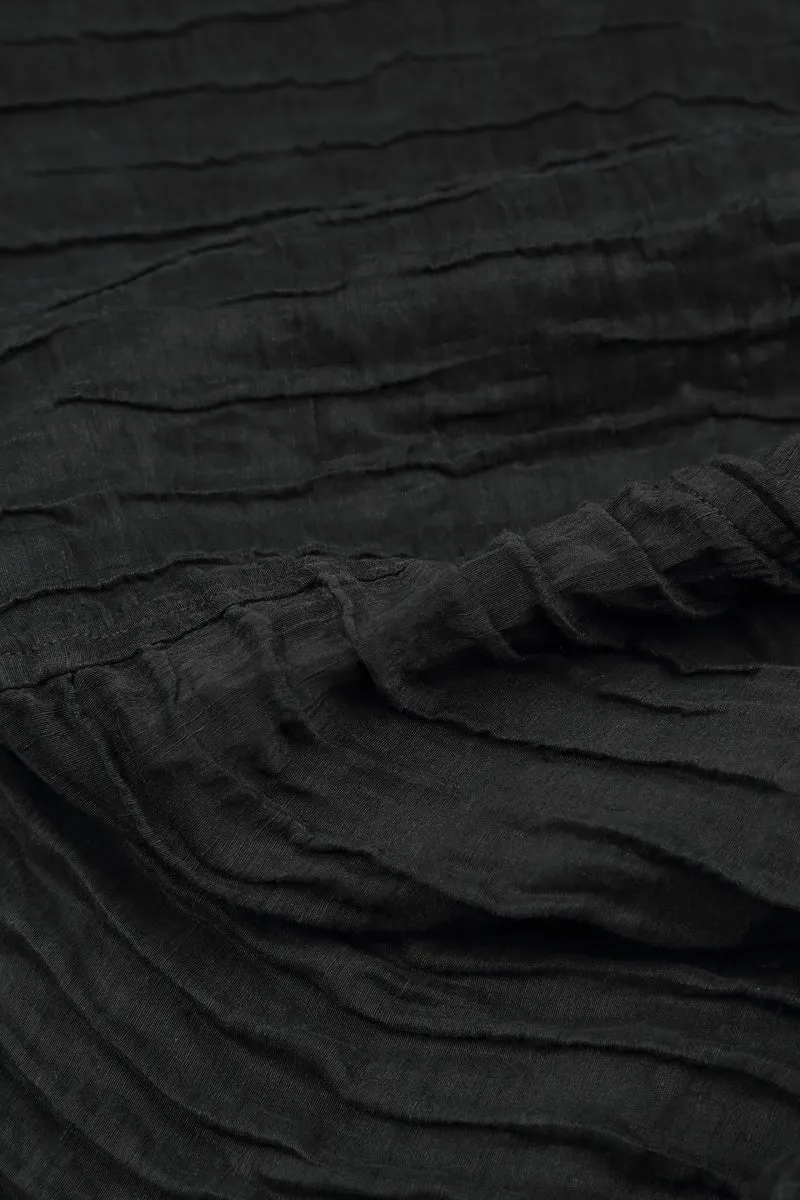 Crinkled Black Silk Linen Midi Dress