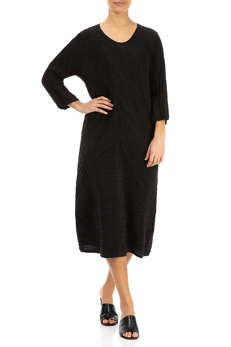 Crinkled Black Silk Linen Midi Dress