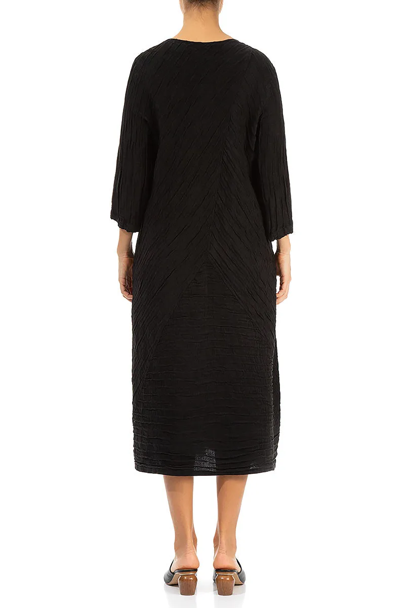 Crinkled Black Silk Linen Midi Dress