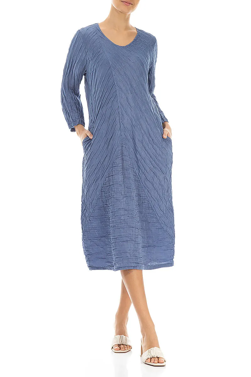 Crinkled Blue Nova Silk Linen Midi Dress