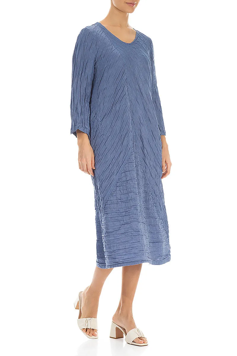 Crinkled Blue Nova Silk Linen Midi Dress