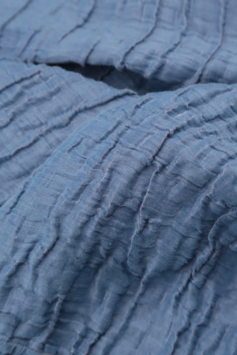 Crinkled Blue Nova Silk Linen Midi Dress