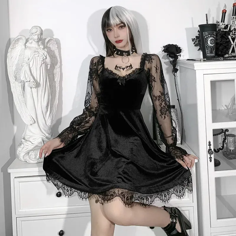 Dark Temptations: E-Girl Grunge Gothic Lace Trim Mini Dress - Y2K Women's 90s Vintage Punk Harajuku Lolita