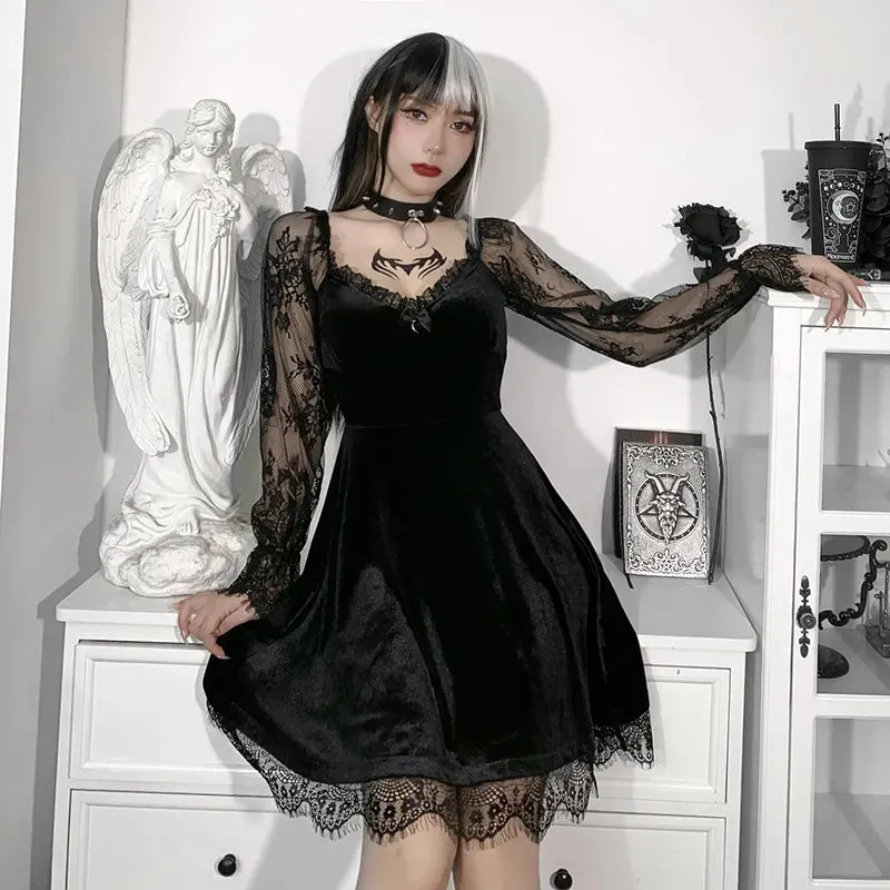 Dark Temptations: E-Girl Grunge Gothic Lace Trim Mini Dress - Y2K Women's 90s Vintage Punk Harajuku Lolita
