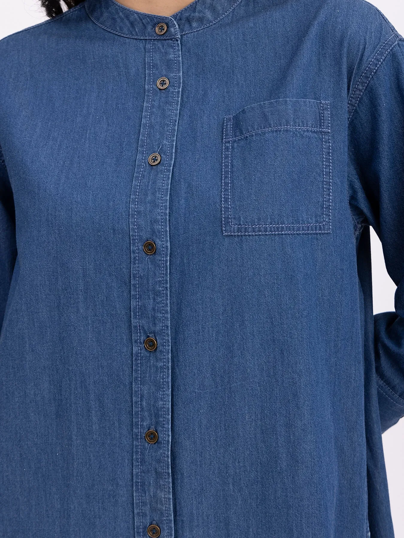 Denim Mandarin Collar Dress - Navy