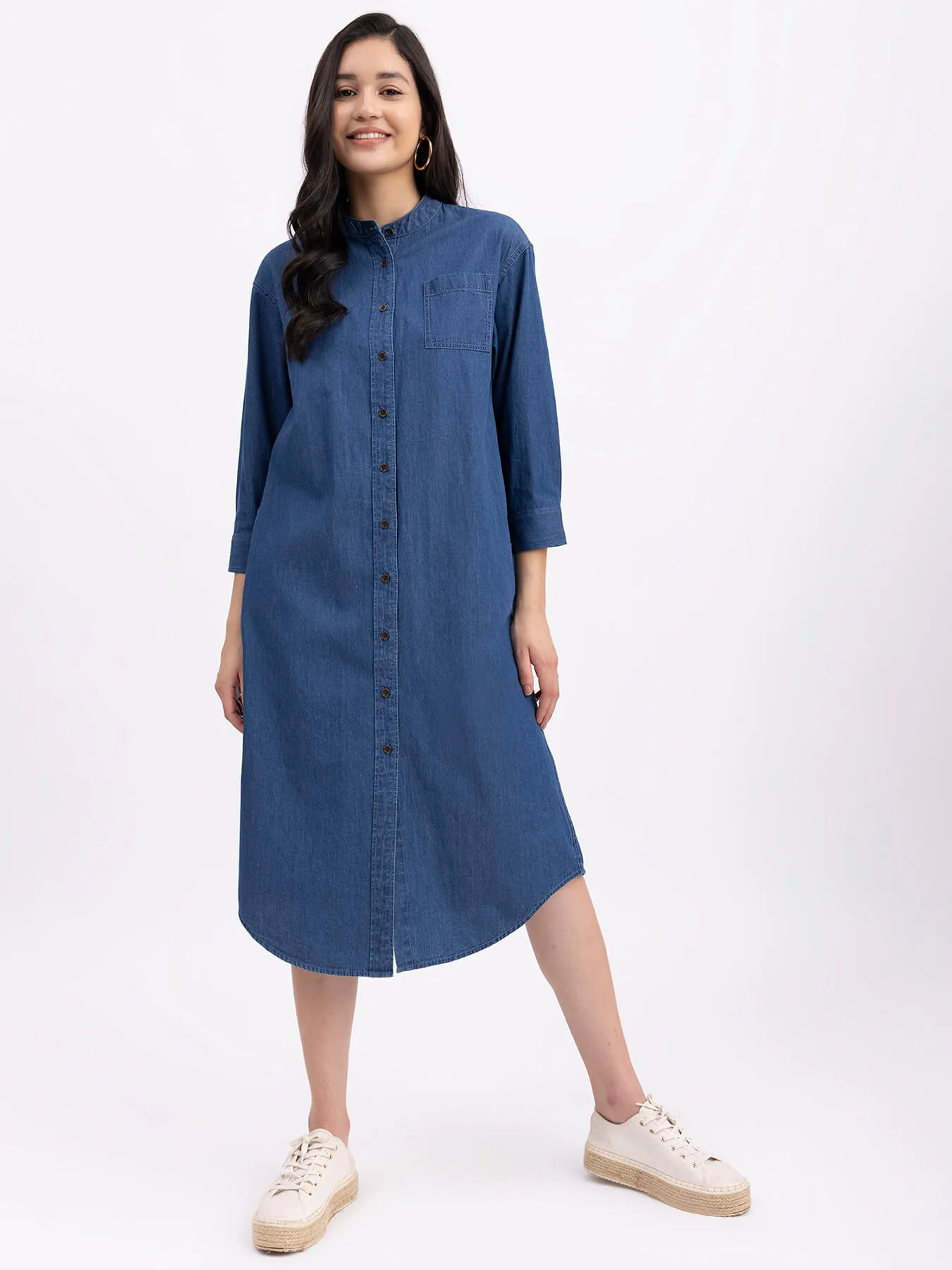 Denim Mandarin Collar Dress - Navy