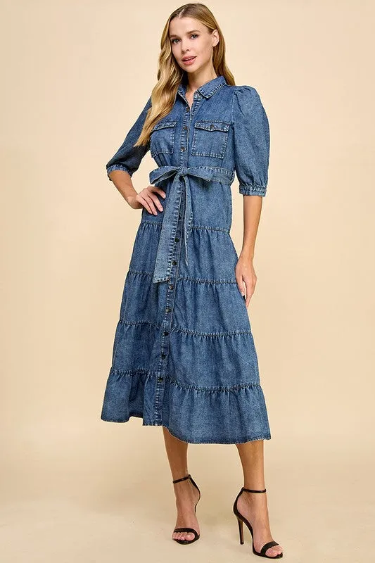 Denim Tiered Midi Shirt Dress