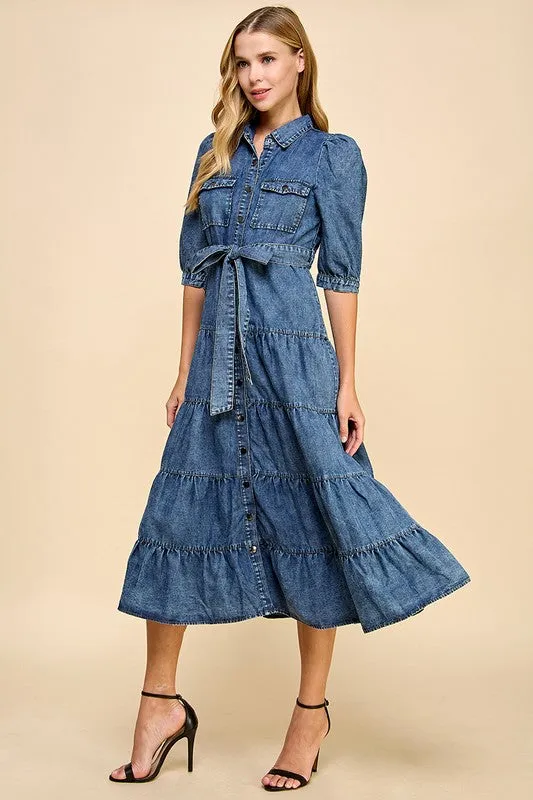 Denim Tiered Midi Shirt Dress