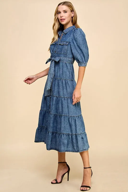 Denim Tiered Midi Shirt Dress