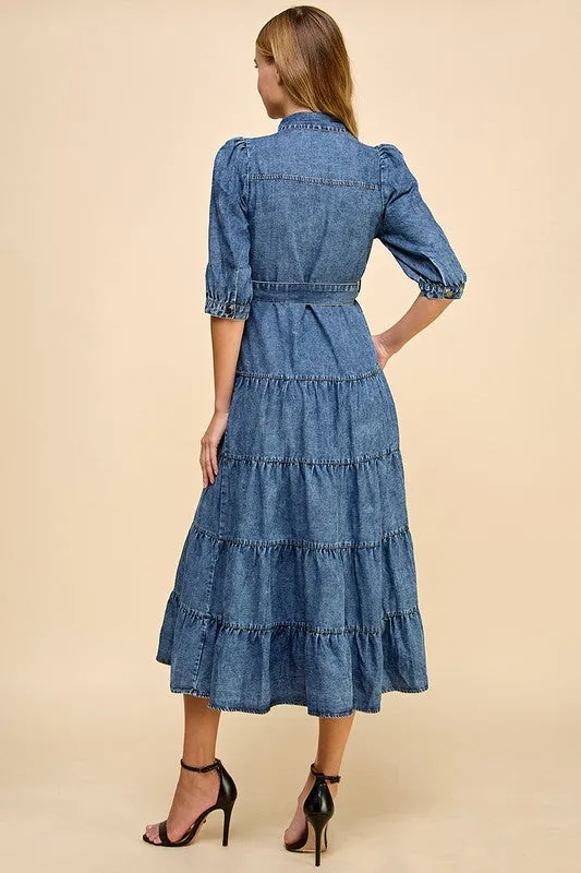 Denim Tiered Midi Shirt Dress