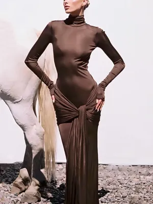 Draped Turtleneck Low Trendy Waist Twist Long Dress