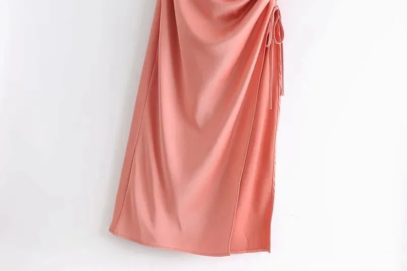 DRAWSTRING TIED PLEATED MIDI DRESS