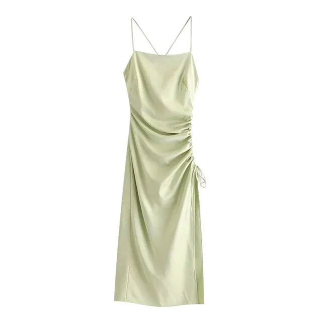 DRAWSTRING TIED PLEATED MIDI DRESS