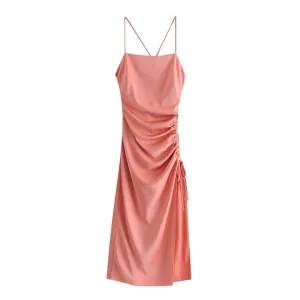 DRAWSTRING TIED PLEATED MIDI DRESS