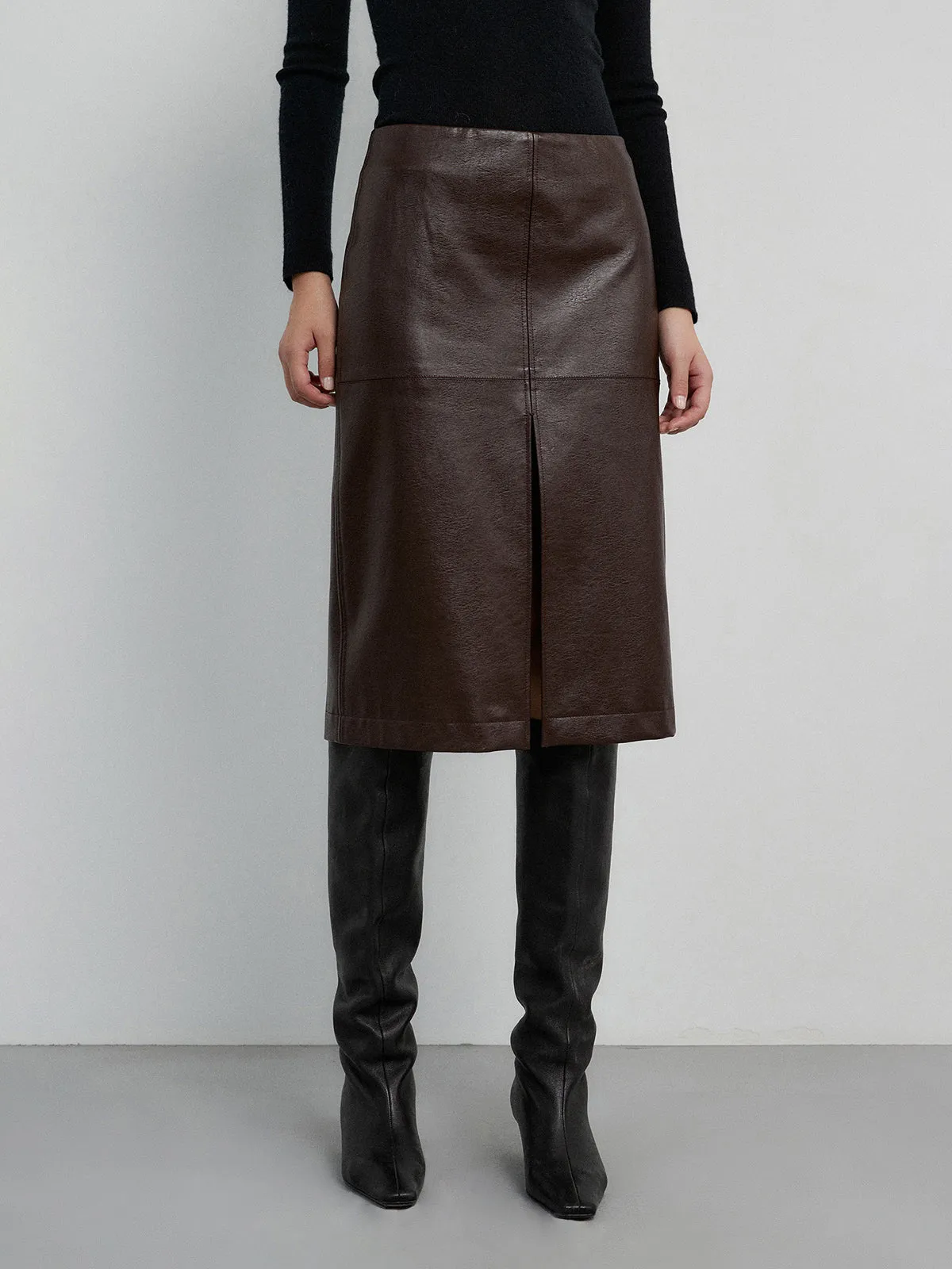 Faux Leather Midi Trendy Waist Split Midi Skirt