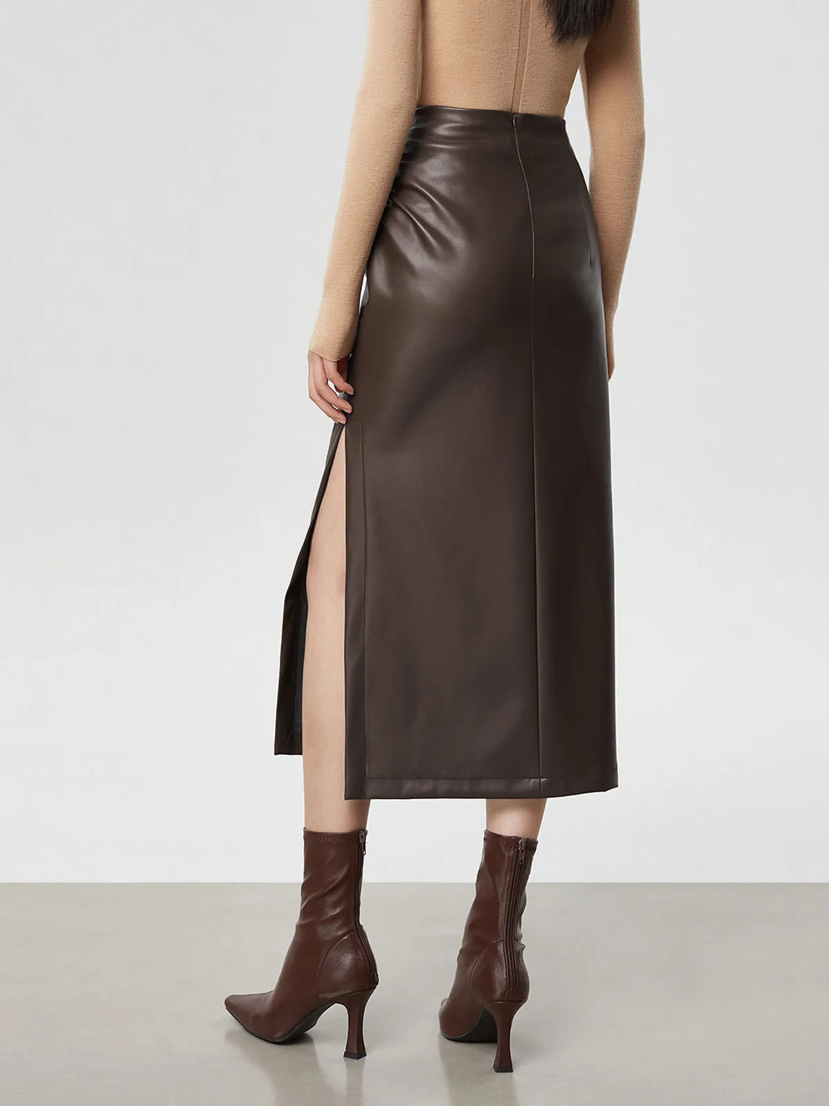 Faux Leather Ruched Trendy Slit Midi Skirt