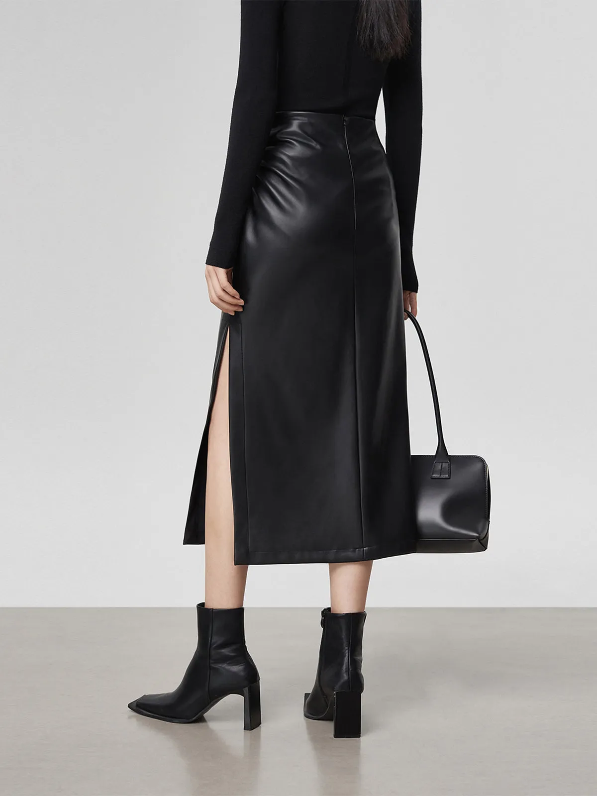 Faux Leather Ruched Trendy Slit Midi Skirt